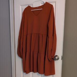 Rust Tiered V-Neck Long Sleeve Dress